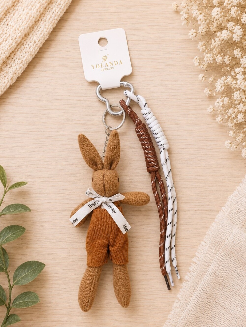 Yolanda Brown Bunny Plush Keychain with Rope Tassels